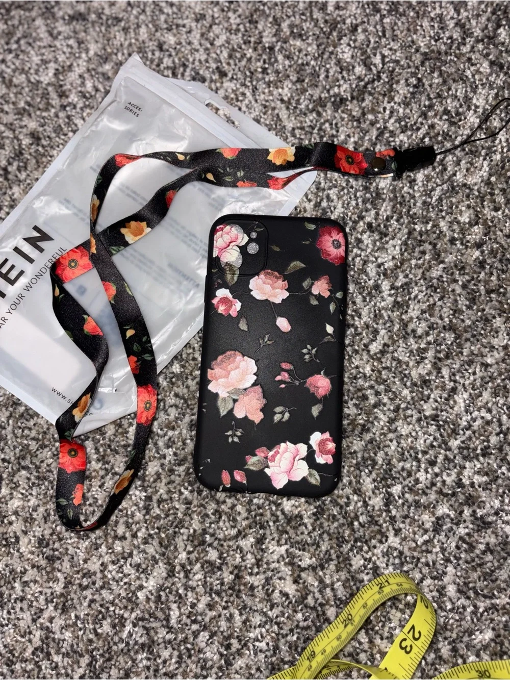 iPhone 11 SHEIN Black Floral Phone Case with Pink Rose Print and Matching Strap